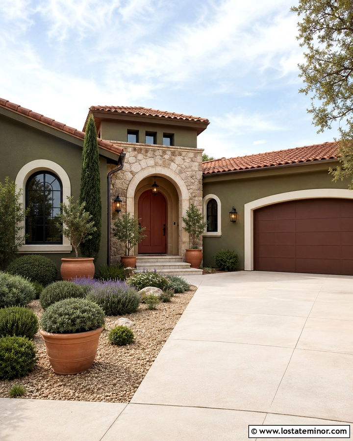 Olive Green House With Terracotta Entry Door - 30 Olive Green House Design With Entry Door Ideas