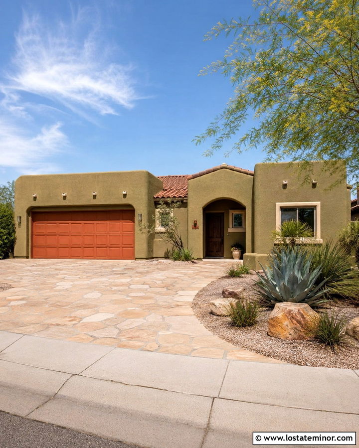 Olive Green House With Terracotta Garage Door - 30 Olive Green House Design With Garage Door Ideas