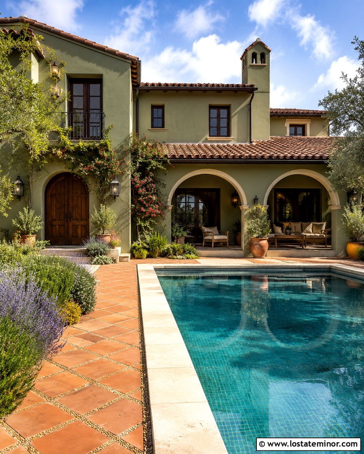 Olive Green House With Terracotta Pool Deck - 30 Olive Green House Design With Swimming Pool Ideas