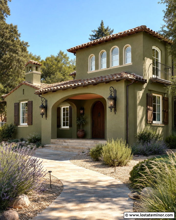 Olive Green House With Terracotta Porch Ceiling - 30 Olive Green House Design With Porch Ceiling Ideas