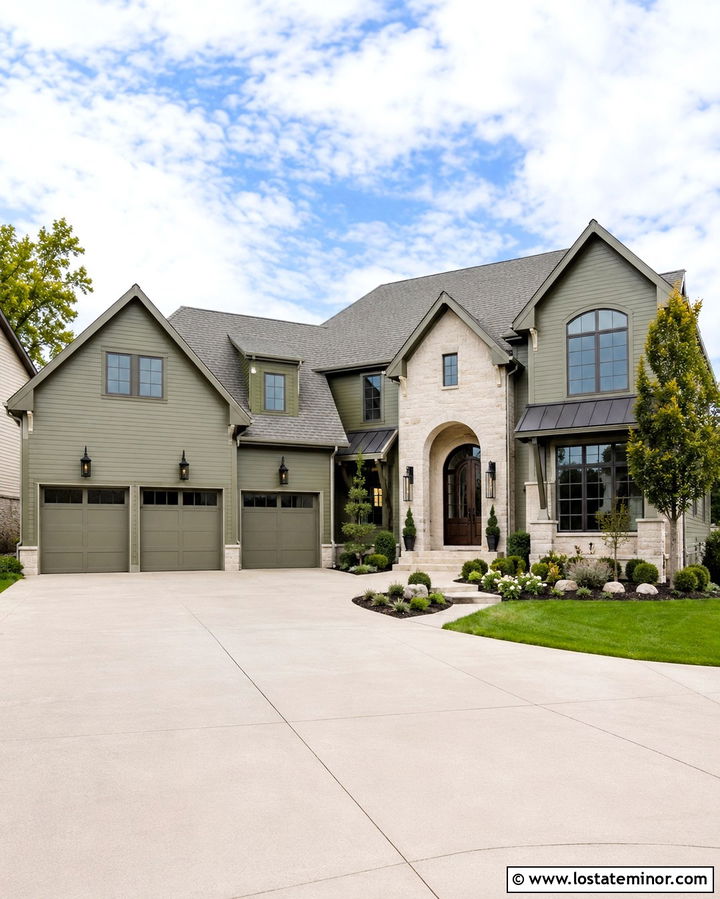 Olive Green House With Three Car Garage - 30 Olive Green House Design With Garage Door Ideas
