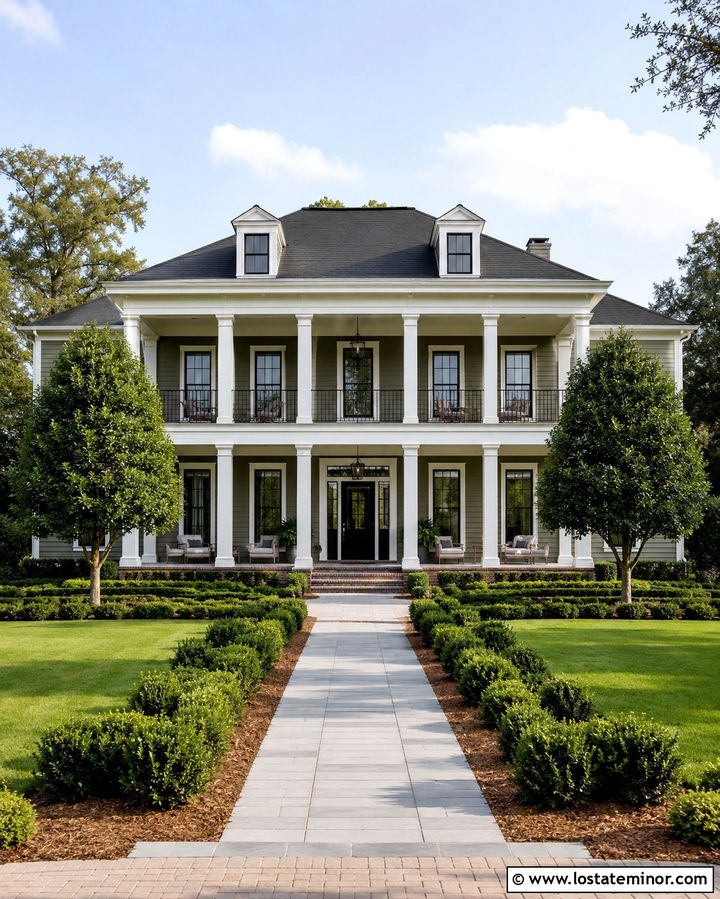 Olive Green House With Two Story Porch Columns - 30 Olive Green House Design With Porch Columns Ideas