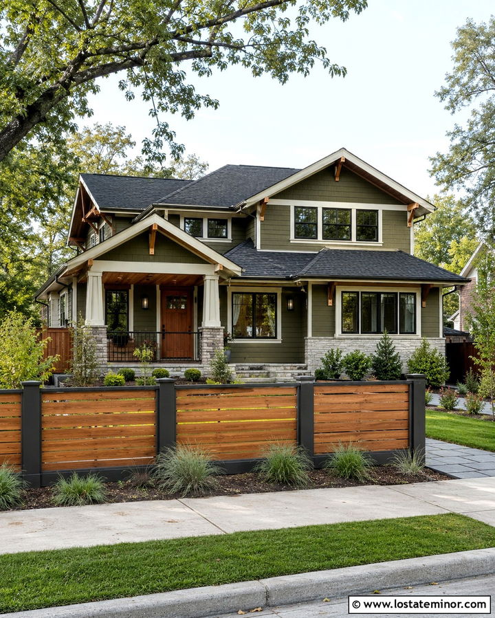 Olive Green House With Two Tone Fence - 30 Olive Green House Design With Fence Ideas