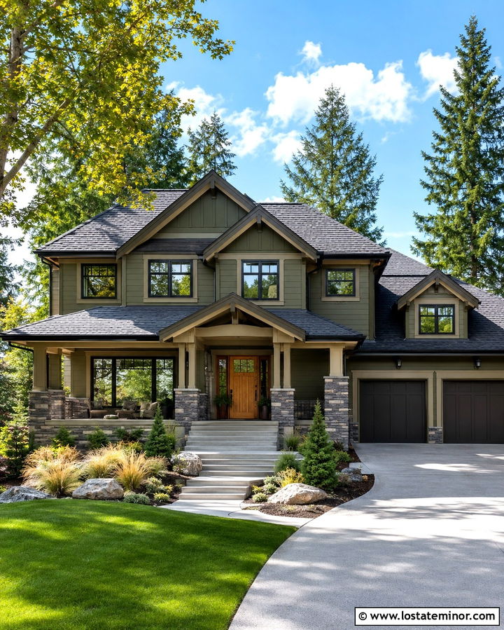 Olive Green House With Two Tone Stone Wainscoting - 30 Olive Green House Design With Wainscoting Ideas