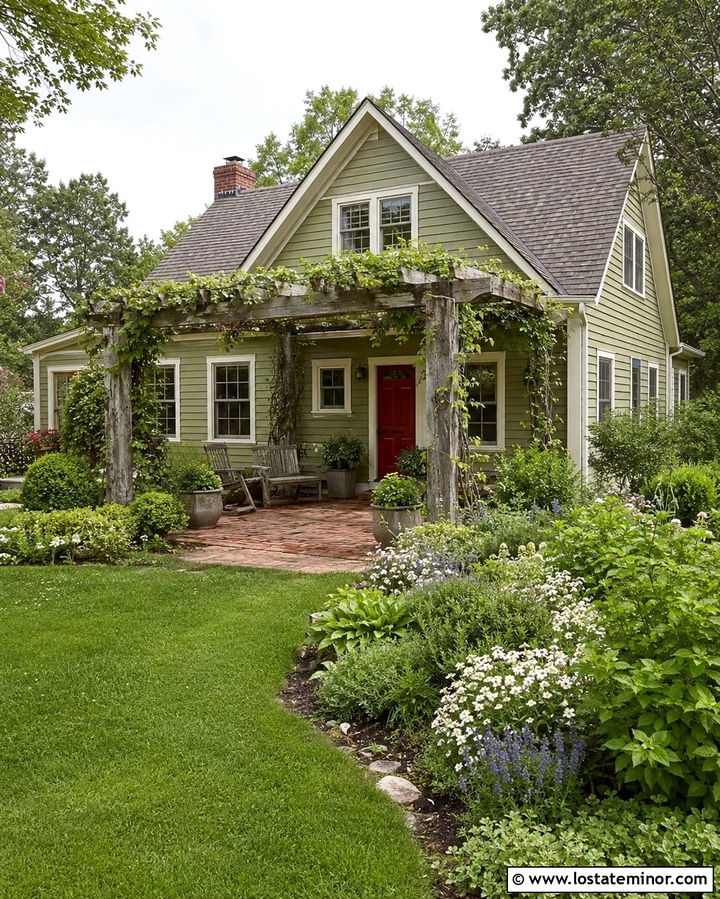 Olive Green House With Vine Covered Pergola - 30 Olive Green House Design With Pergola Ideas
