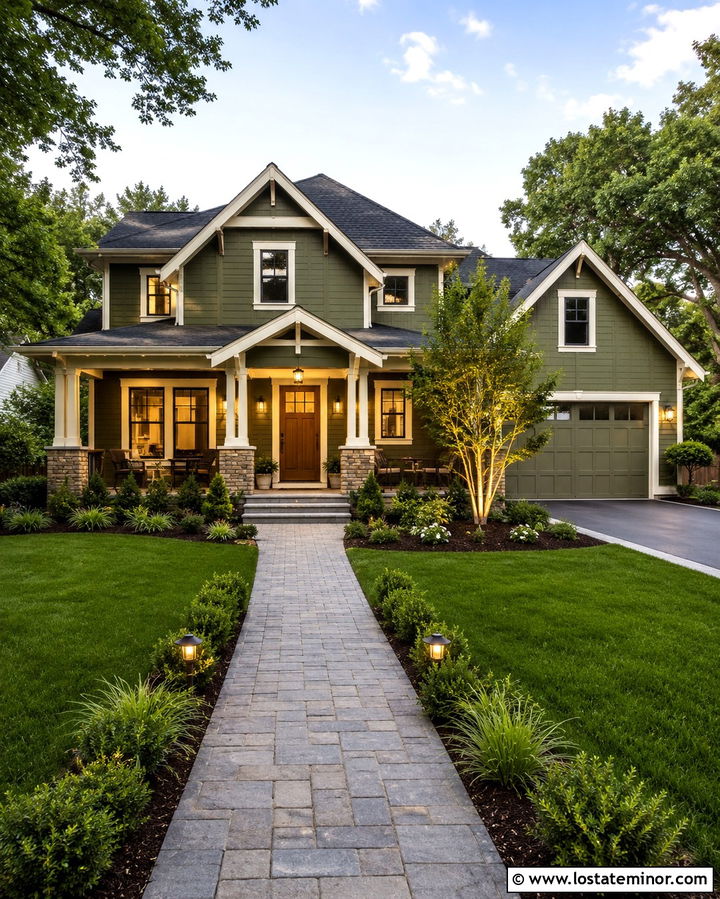 Olive Green House With Walkway Lighting - 30 Olive Green House Design With Walkway Ideas