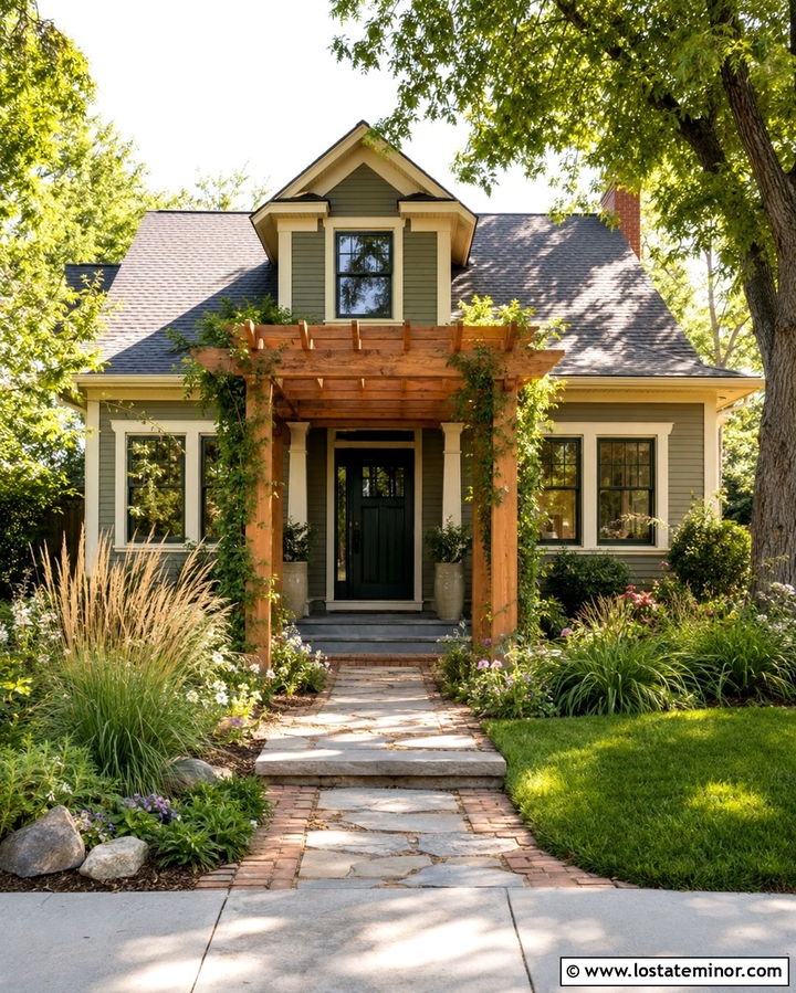 Olive Green House With Walkway Pergola - 30 Olive Green House Design With Pergola Ideas