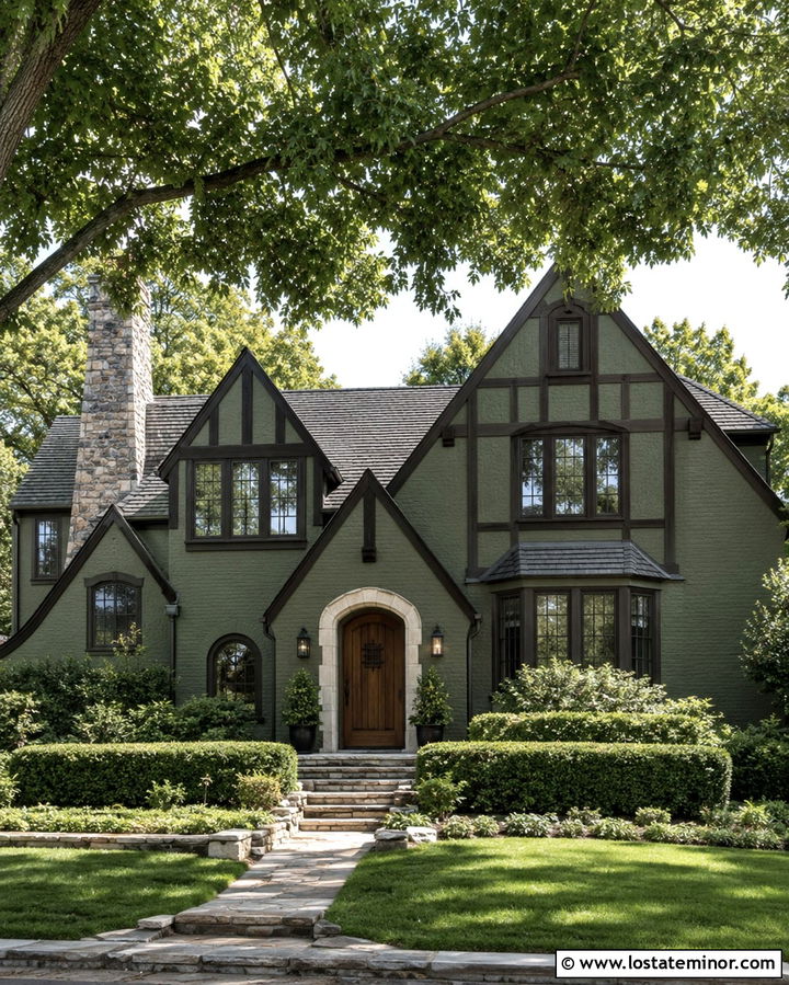 Olive Green House With Walnut Entry Door - 30 Olive Green House Design With Entry Door Ideas