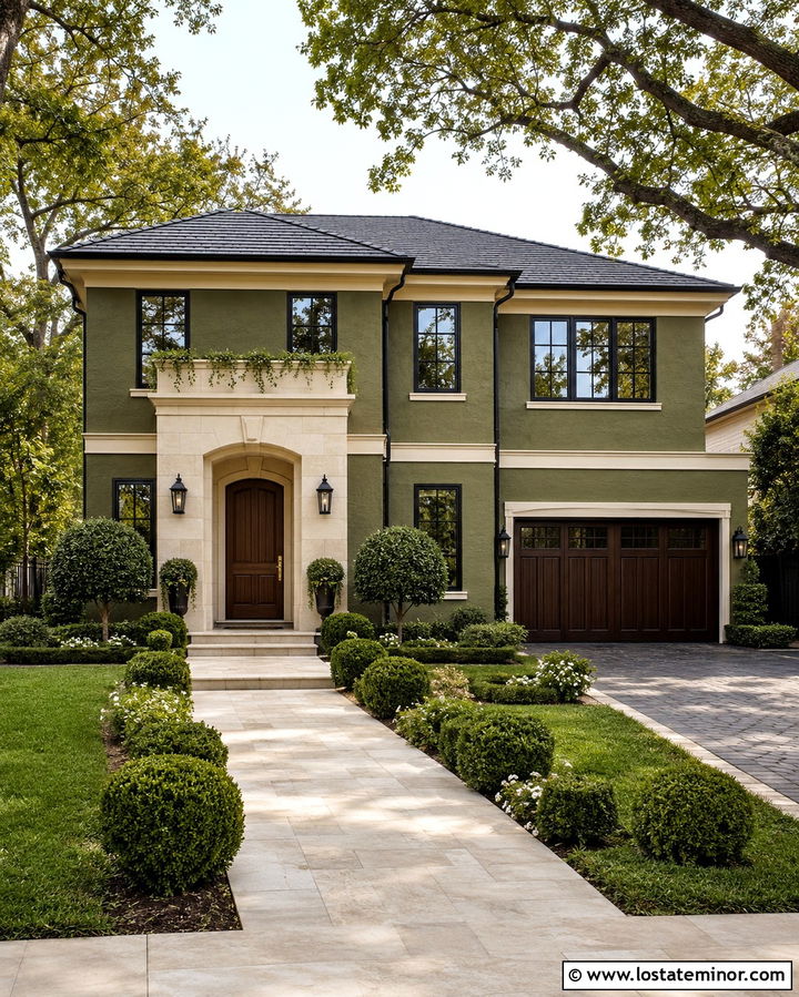 Olive Green House With Walnut Front Door - 30 Olive Green House Design With Front Door Ideas