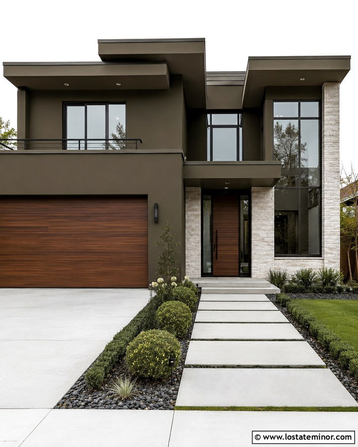 Olive Green House With Walnut Garage Door - 30 Olive Green House Design With Garage Door Ideas