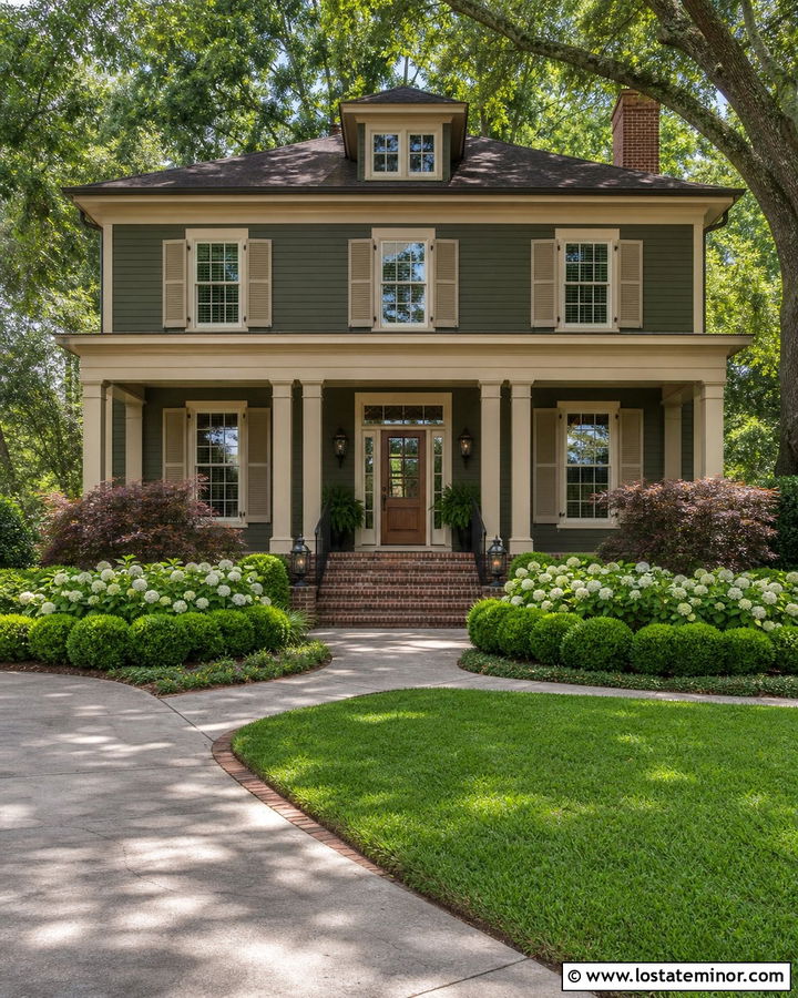Olive Green House With Warm Beige Shutters - 30 Olive Green House Design With Accents Ideas