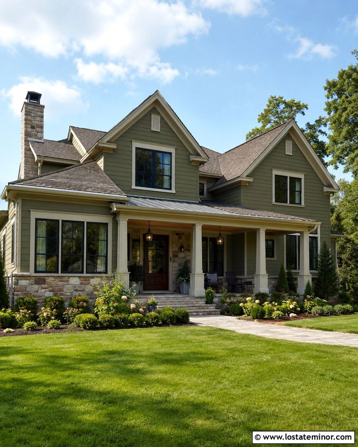 Olive Green House With Warm Greige Porch Ceiling - 30 Olive Green House Design With Porch Ceiling Ideas