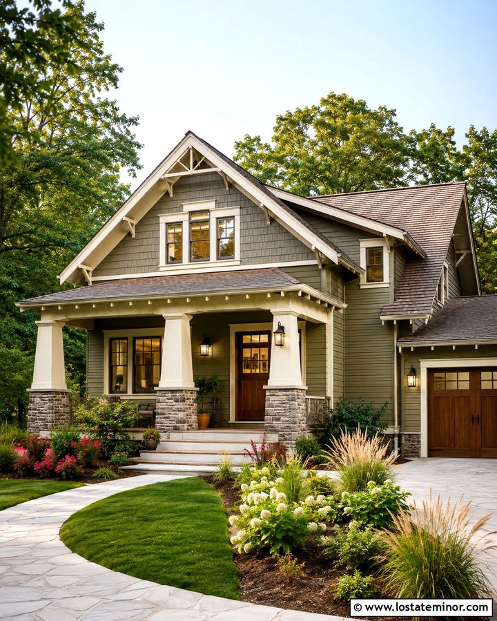 Olive Green House With Warm White Trim - 30 Olive Green House Design With Trim Ideas
