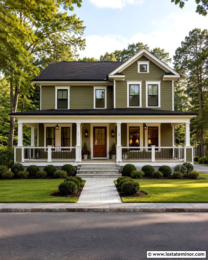 Olive Green House With White And Black Railings - 30 Olive Green House Design With Railings Ideas