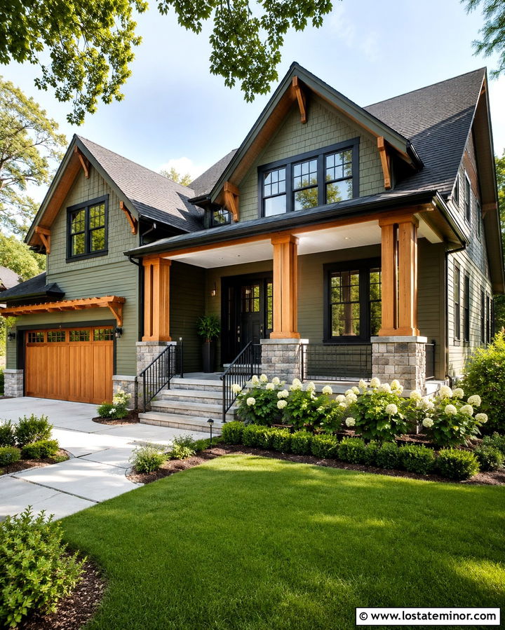 Olive Green House With White Ceiling And Wood Beams - 30 Olive Green House Design With Porch Ceiling Ideas
