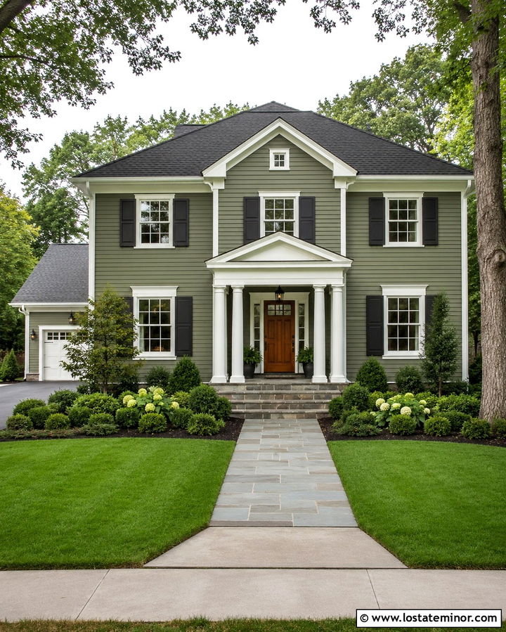 Olive Green House With White Column Portico - 30 Olive Green House Design With Portico Ideas