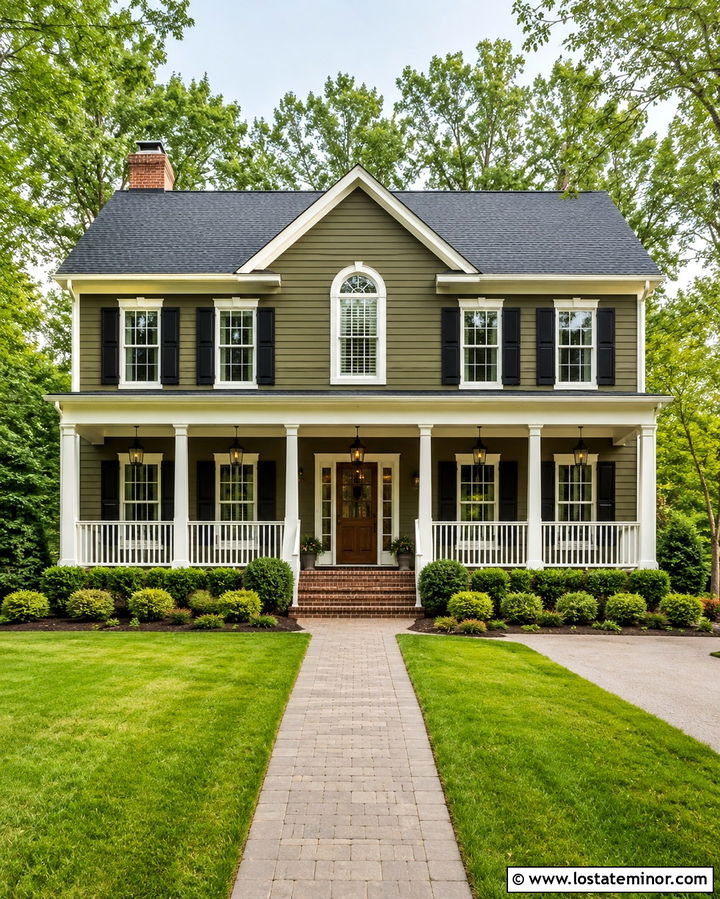 Olive Green House With White Columns And Black Shutters - 30 Olive Green House Design With Porch Columns Ideas