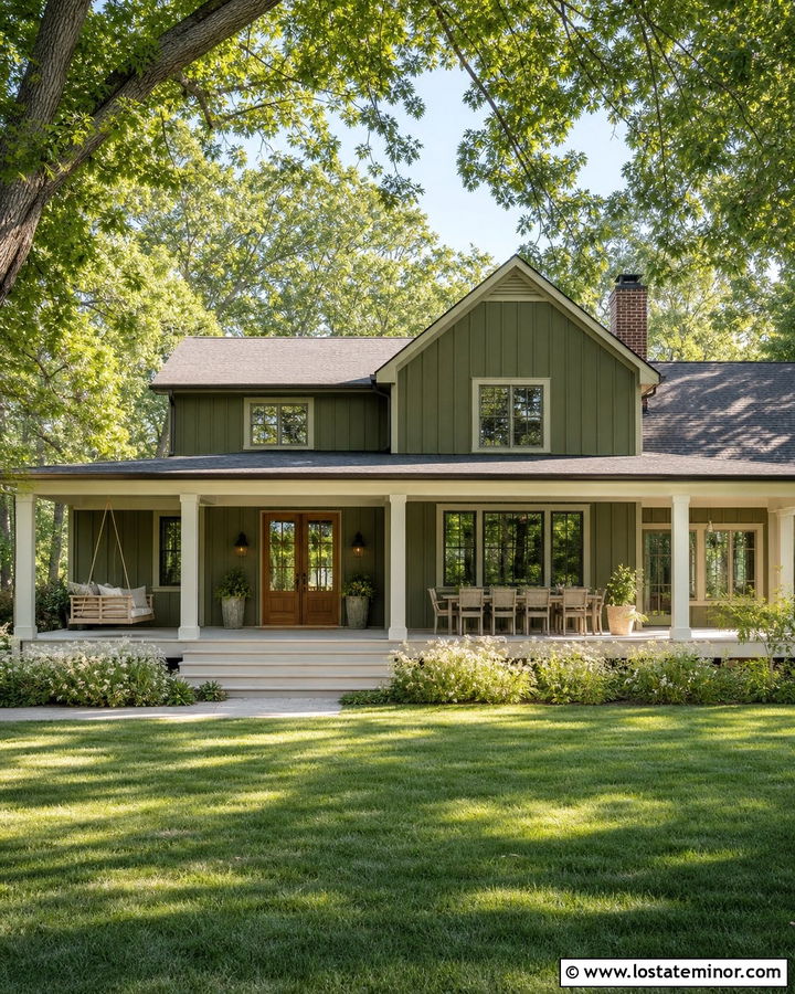 Olive Green House With White Farmhouse Porch - 30 Olive Green House Design With Backyard Ideas