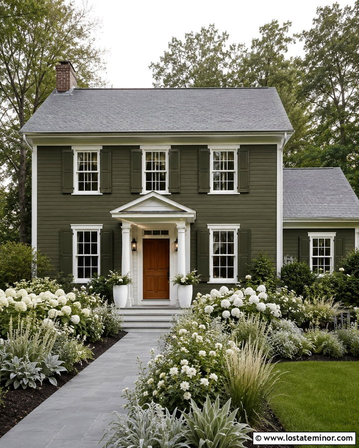 Olive Green House With White Flower Garden - 30 Olive Green House Design With Front Yard Ideas