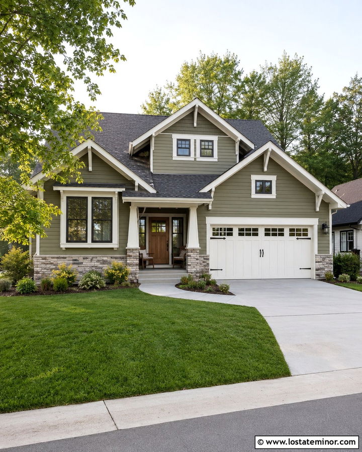 Olive Green House With White Garage Door - 30 Olive Green House Design With Garage Door Ideas