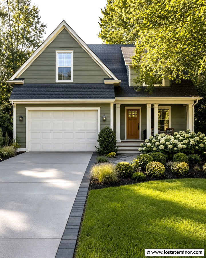 Olive Green House With White Garage Door - 30 Olive Green House Design With Driveway Ideas