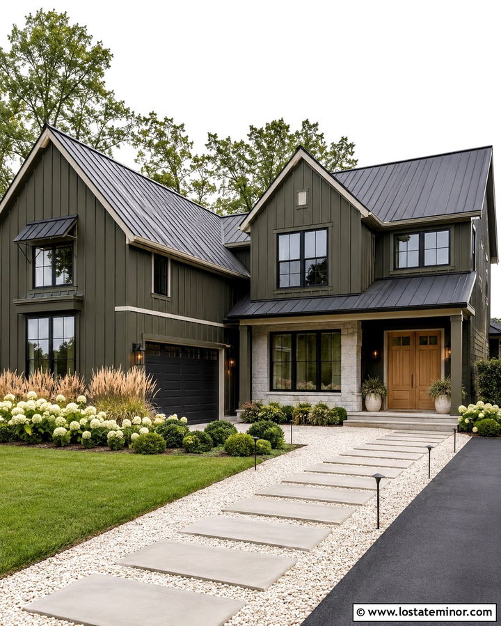 Olive Green House With White Gravel Walkway - 30 Olive Green House Design With Walkway Ideas