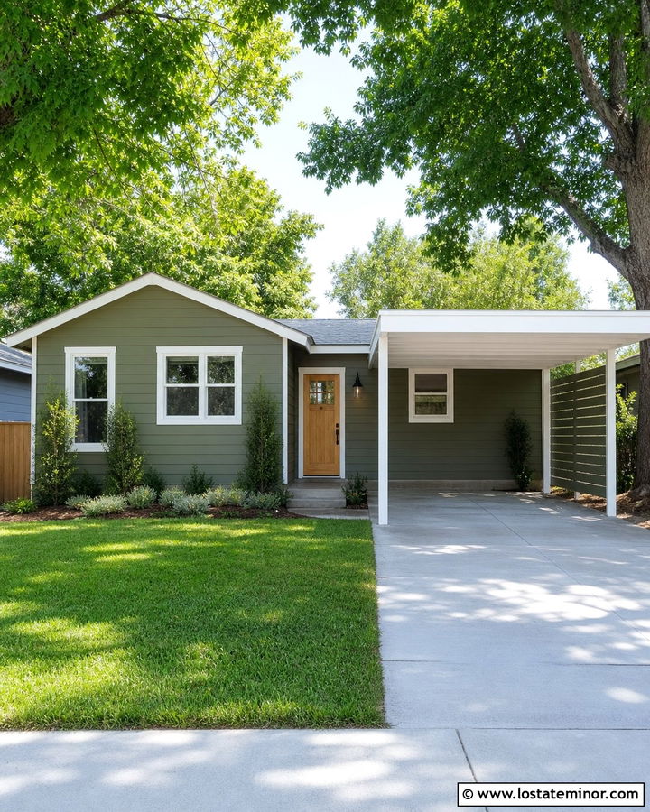 Olive Green House With White Metal Carport - 30 Olive Green House Design With Carport Ideas