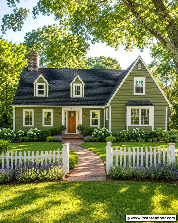 Olive Green House With White Picket Fence - 30 Olive Green House Design With Fence Ideas