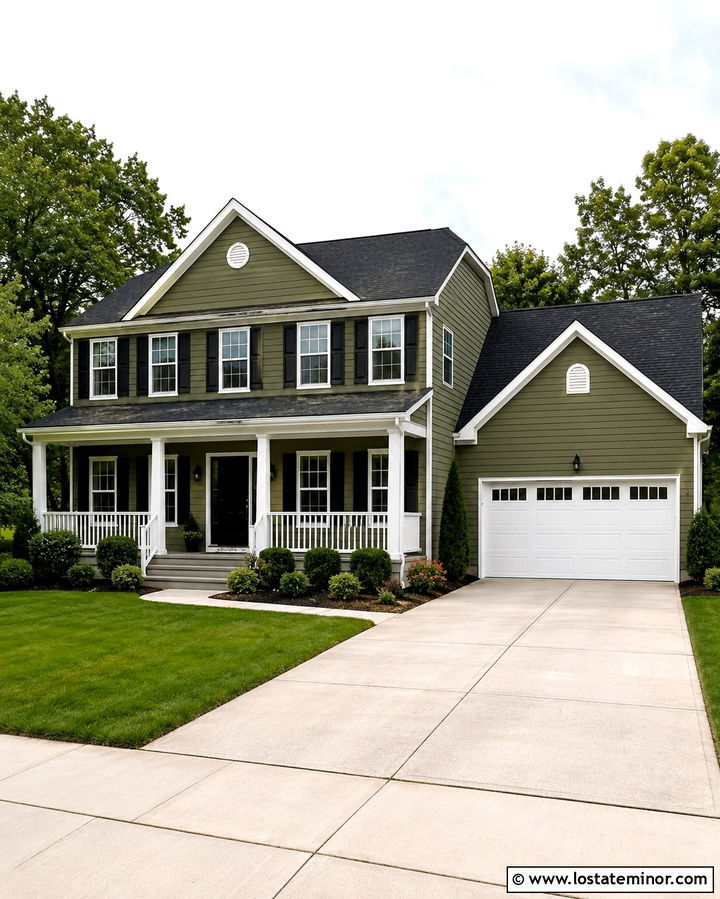 Olive Green House With White Porch Ceiling - 30 Olive Green House Design With Porch Ceiling Ideas