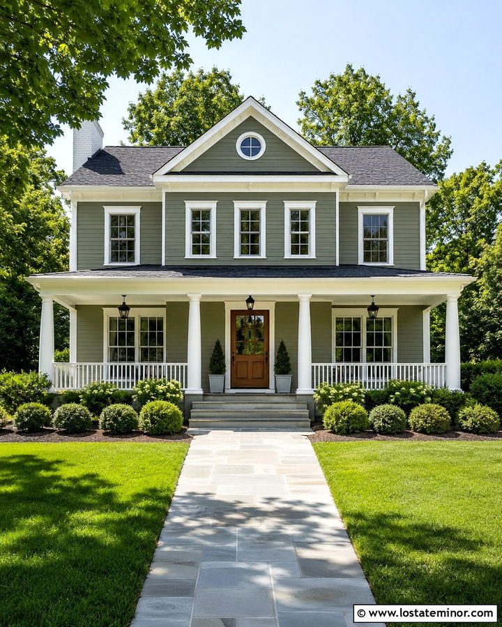 Olive Green House With White Porch Columns - 30 Olive Green House Design With Porch Columns Ideas