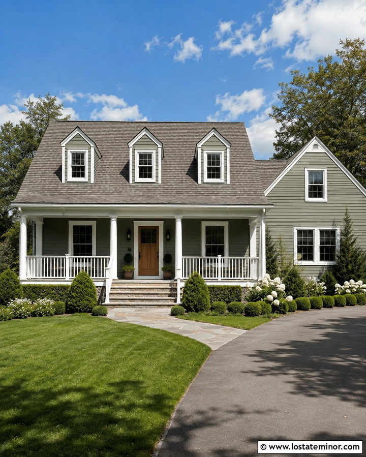 Olive Green House With White Porch Railings - 30 Olive Green House Design With Railings Ideas