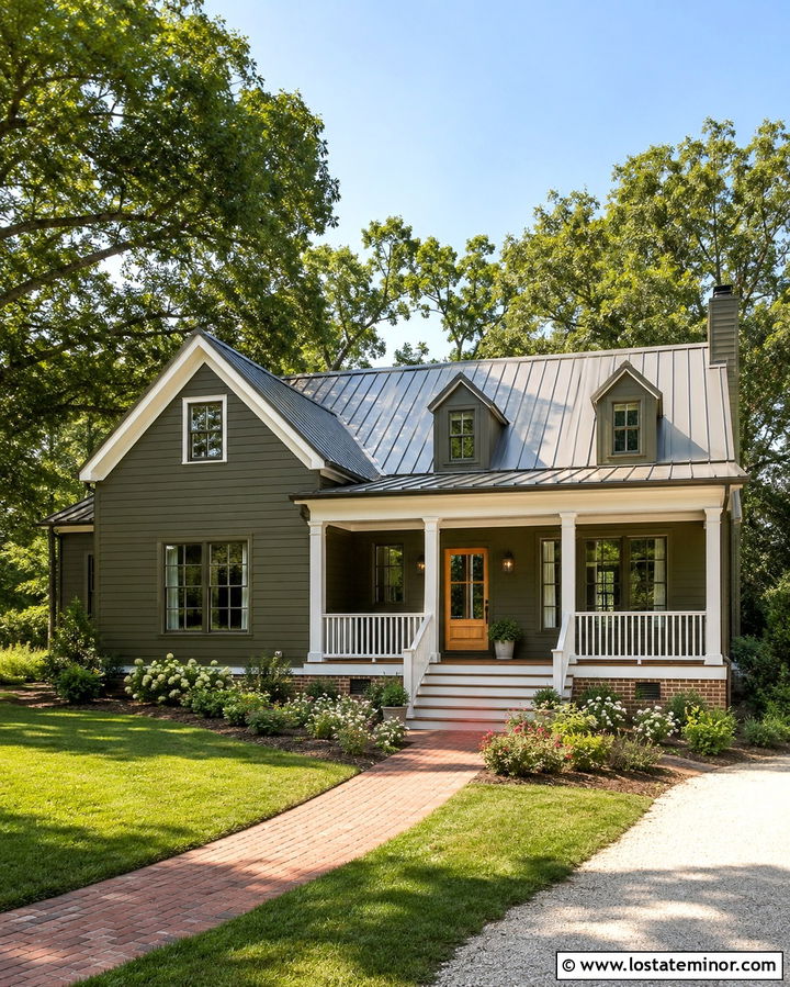Olive Green House With White Porch Trim - 30 Olive Green House Design With Trim Ideas