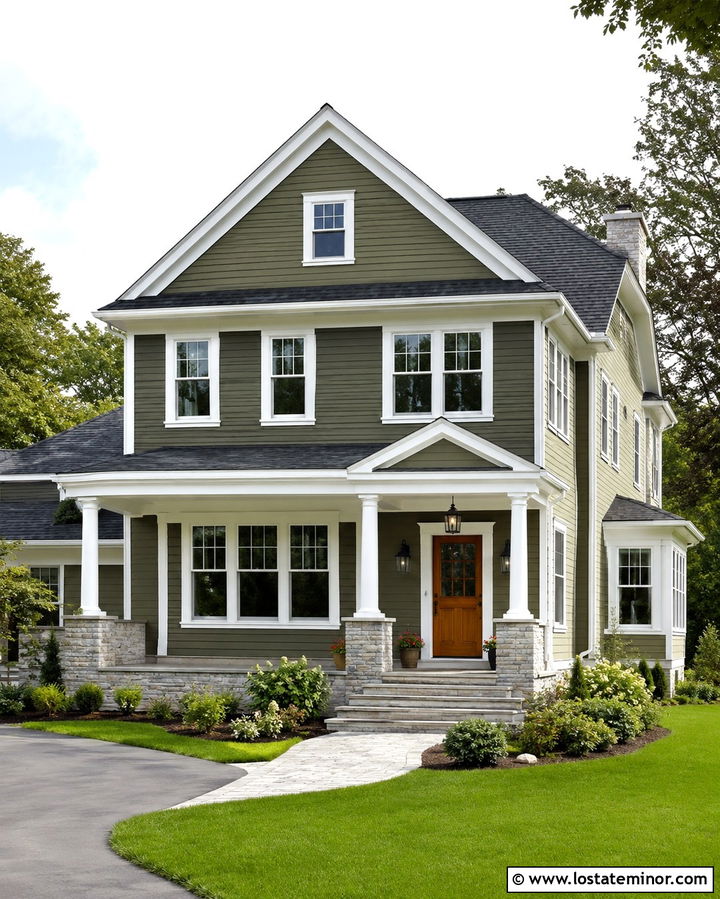 Olive Green House With White Trim - 30 Olive Green House Design With Trim Ideas