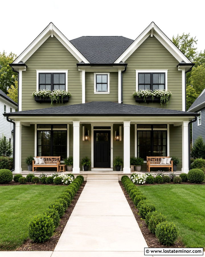 Olive Green House With White Trim And Black Window Boxes - 30 Olive Green House Design With Window Boxes Ideas