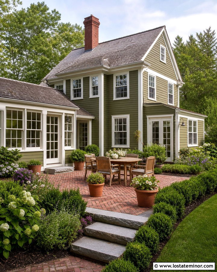 Olive Green House With White Trim And Brick Patio - 30 Olive Green House Design With Backyard Ideas