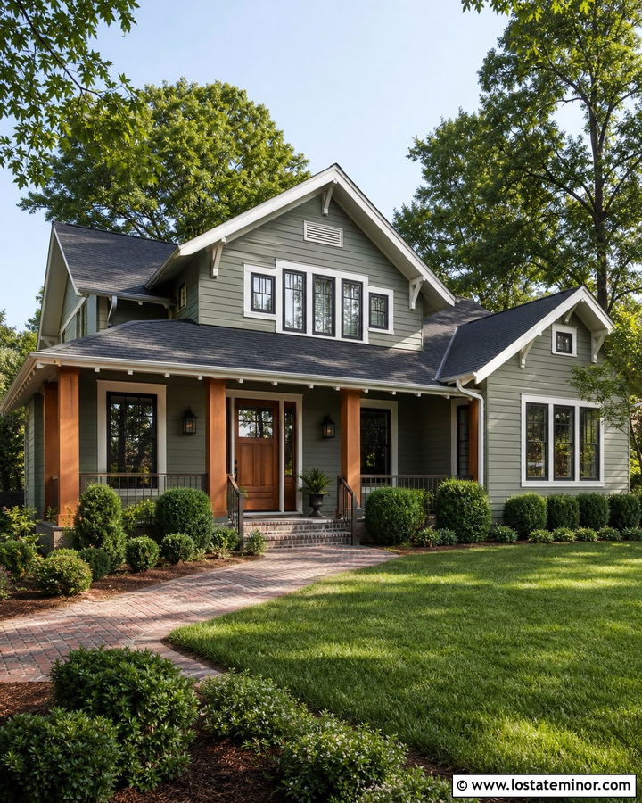 Olive Green House With White Trim And Cedar Door - 30 Olive Green House Design With Accents Ideas