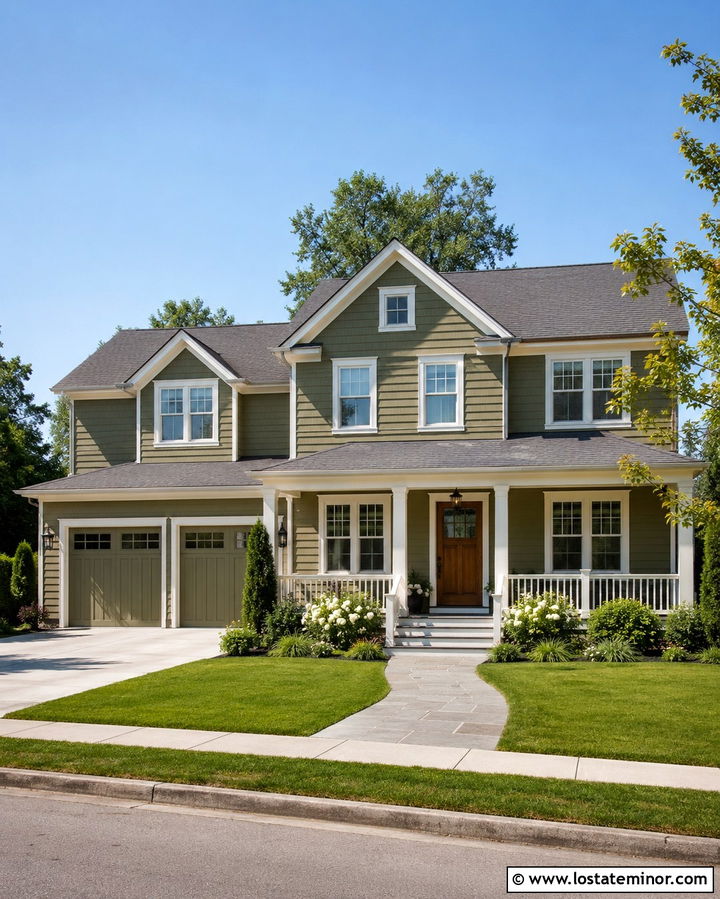 Olive Green House With White Trim And Gray Shingles - 30 Olive Green House Design With Shingles Ideas