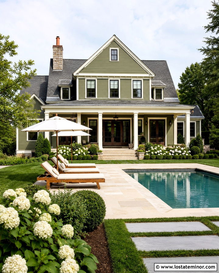 Olive Green House With White Trim And Pool - 30 Olive Green House Design With Swimming Pool Ideas