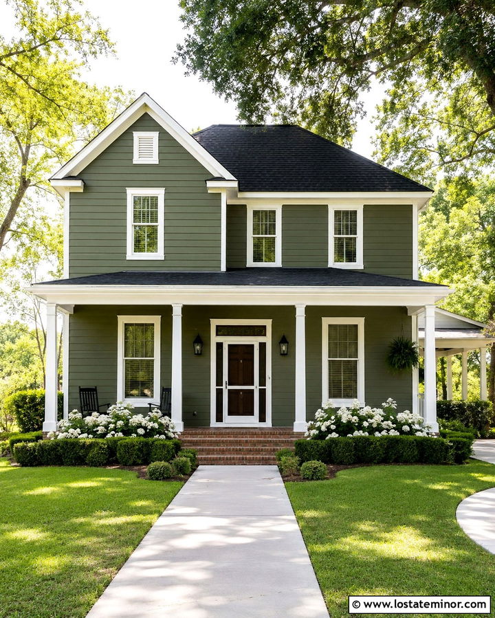 Olive Green House With White Trim And Storm Door - 30 Olive Green House Design With Storm Door Ideas