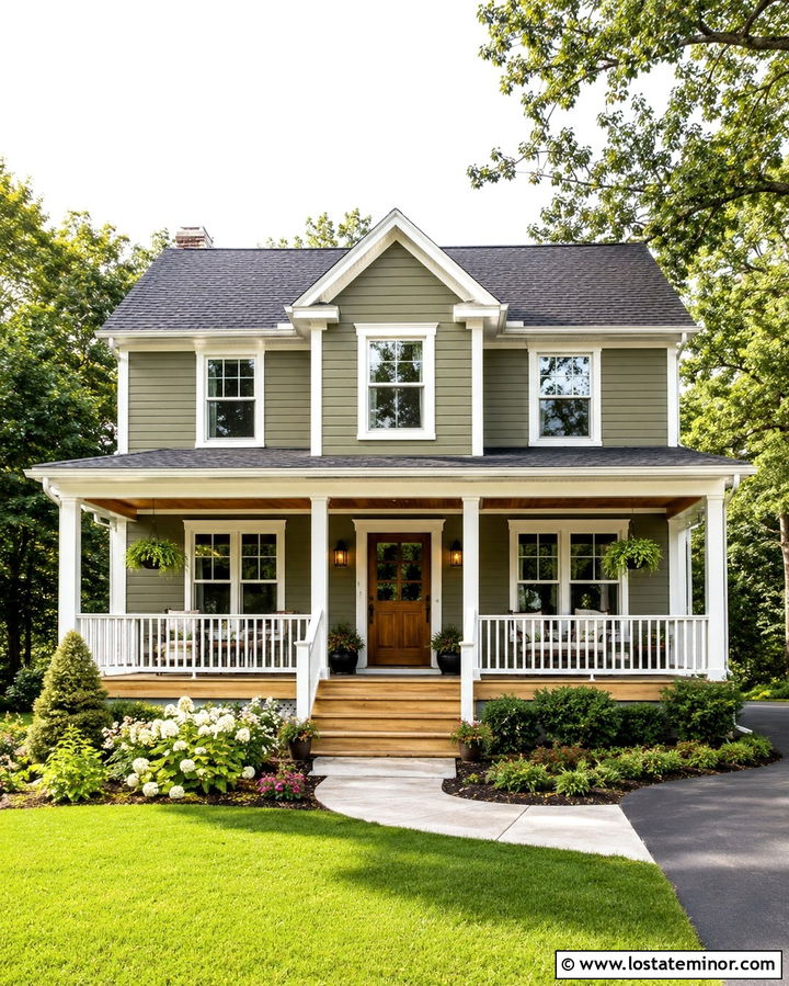Olive Green House With White Trim And Wood Porch - 30 Olive Green House Design With Front Porch Ideas