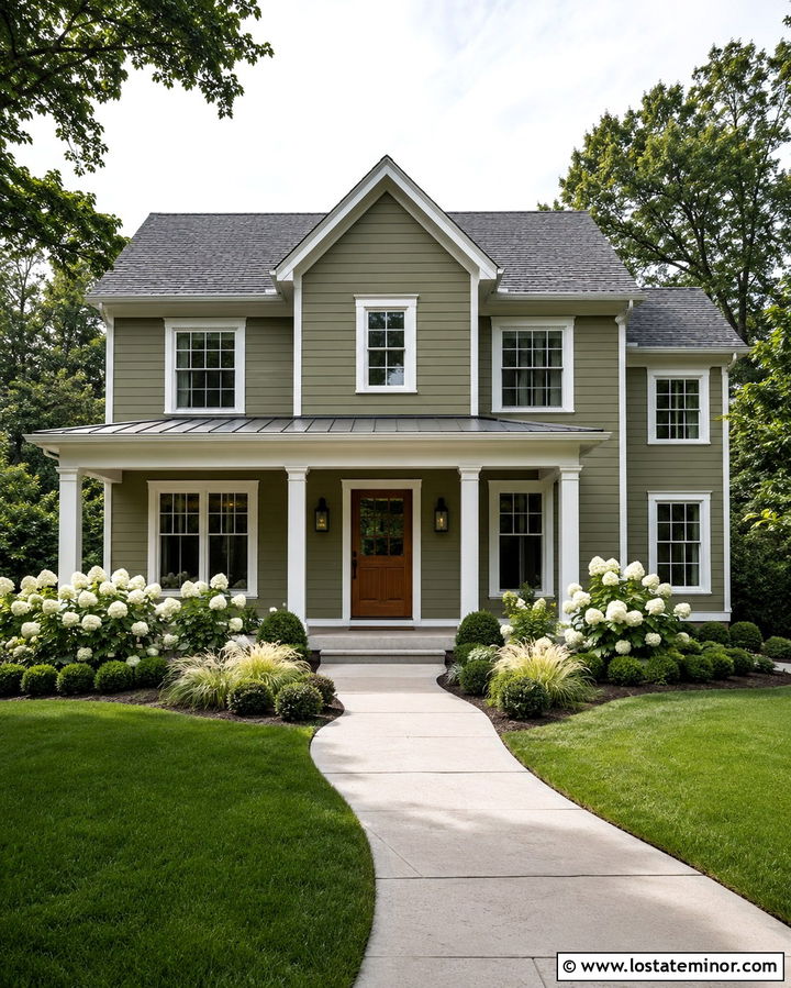 Olive Green House With White Trim - 30 Olive Green House Design With Front Yard Ideas