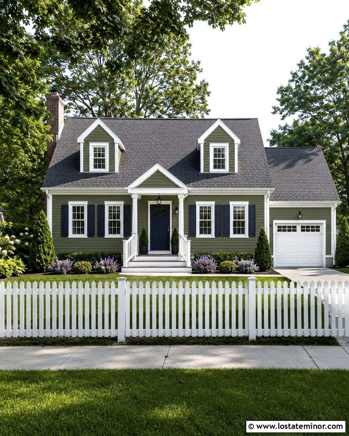 Olive Green House With White Vinyl Fence - 30 Olive Green House Design With Fence Ideas