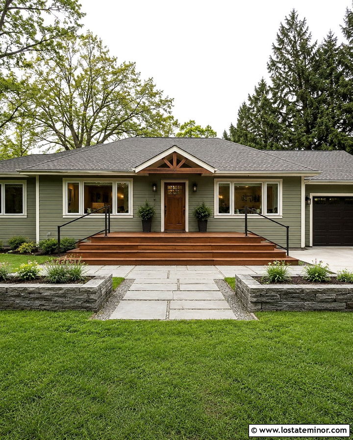 Olive Green House With Wide Deck Stairs - 30 Olive Green House Design With Deck Ideas