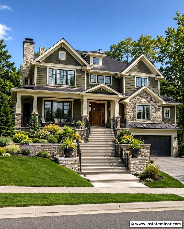 Olive Green House With Wide Front Steps - 30 Olive Green House Design With Front Yard Ideas