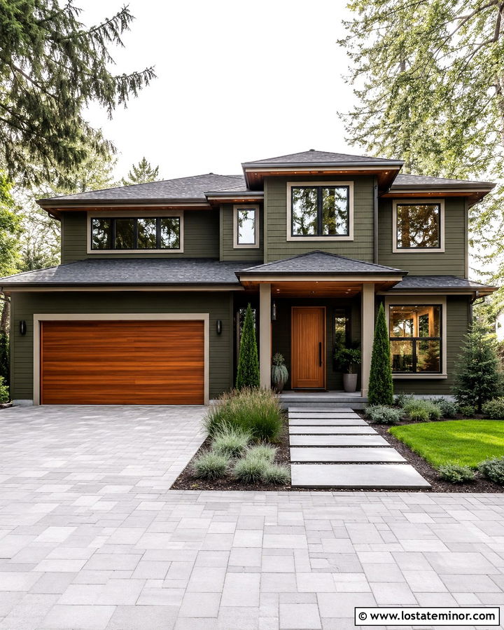 Olive Green House With Wood Garage Door - 30 Olive Green House Design With Driveway Ideas