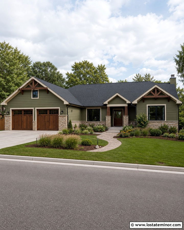 Olive Green House With Wood Garage Doors - 30 Olive Green House Design With Accents Ideas