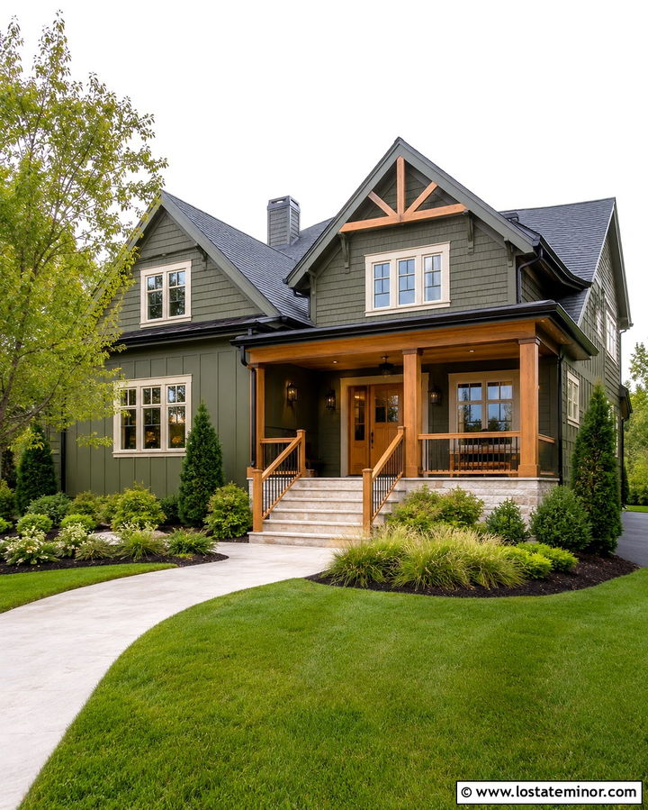 Olive Green House With Wood Handrails - 30 Olive Green House Design With Steps Ideas