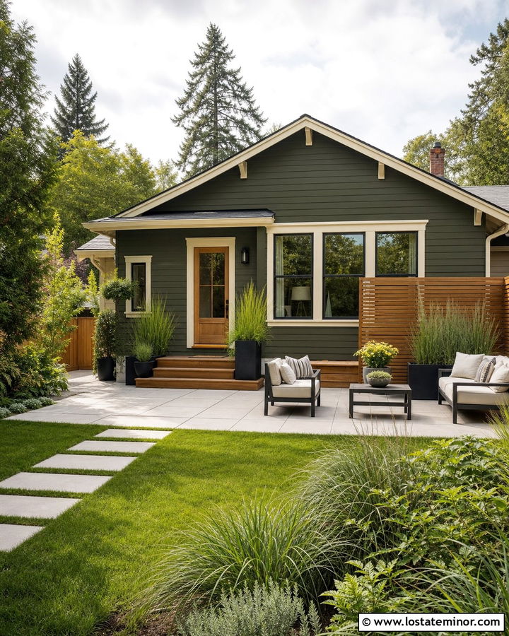 Olive Green House With Wood Privacy Screen - 30 Olive Green House Design With Backyard Ideas
