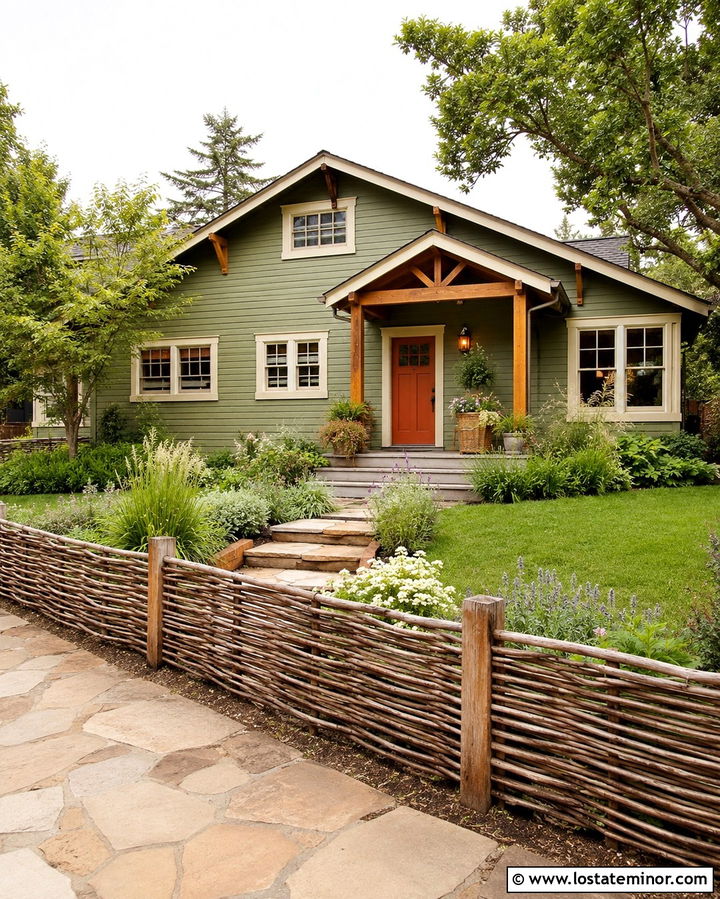 Olive Green House With Woven Wood Fence - 30 Olive Green House Design With Fence Ideas