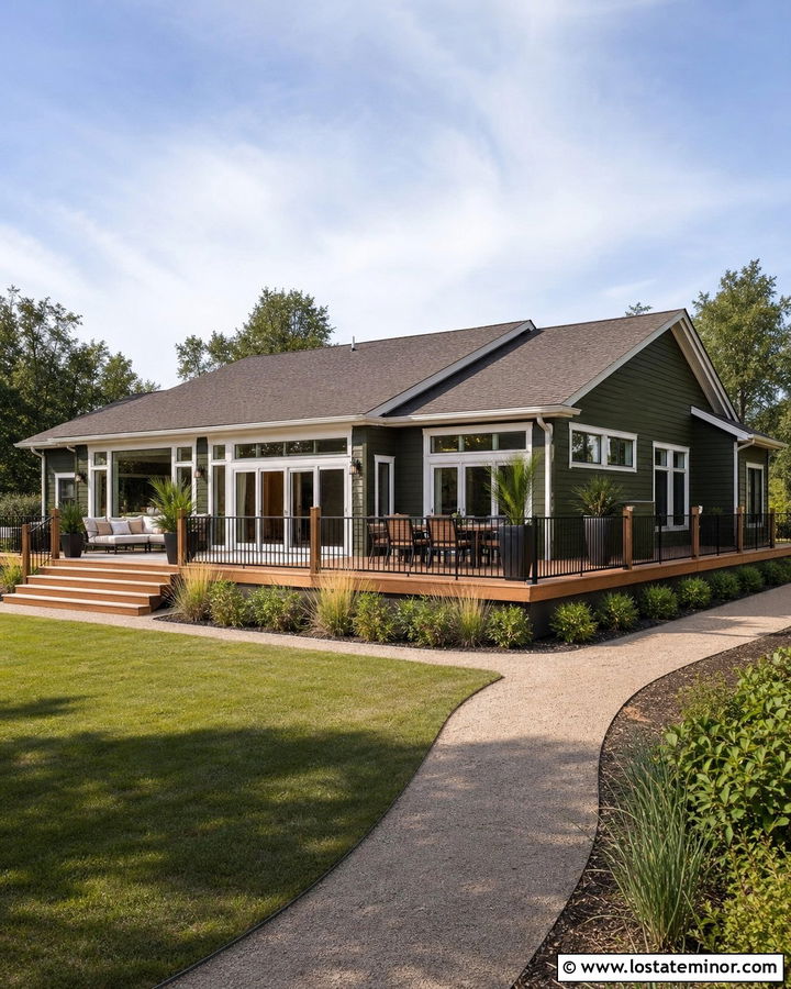 Olive Green House With Wraparound Deck - 30 Olive Green House Design With Backyard Ideas